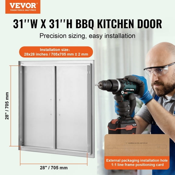 BBQ Access Door,31Wx31H"Double Outdoor Kitchen Door,Stainless Steel Flush Mount Door,Wall Vertical Door with Handles,for BBQ Island,Grilling Station,Outside Cabinet