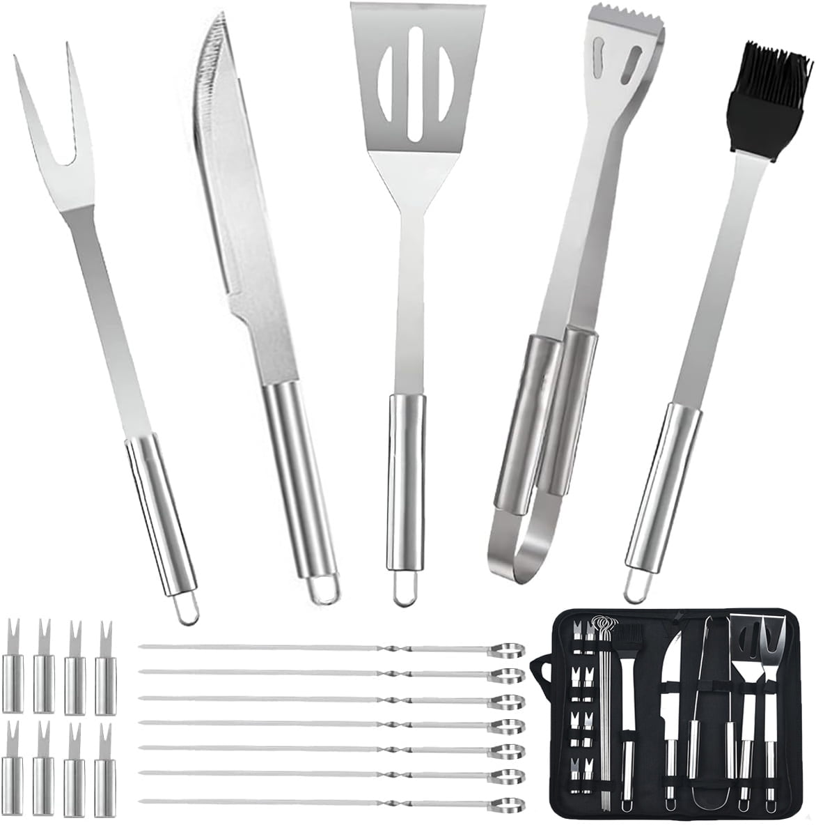 BBQ Accessories Set, 20pcs Stainless Steel Grill Tools for Outdoor Backyard Smoker, Stainless Steel Barbecue Grill Kit with Canvas Bag Gift, Grilling Cooking Gifts for Men Women