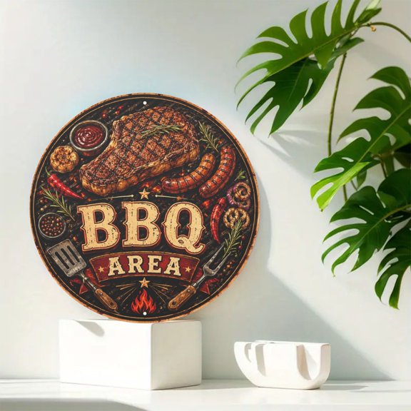 BBQ Area Retro Style Round Metal Tin Sign For Patio Bar And Garden Decor 8x8 Inch Round