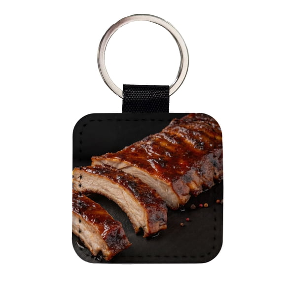 BBQ Baby Back Ribs Faux Leather Square Keychain
