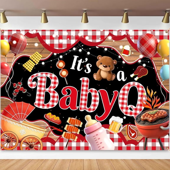BBQ Baby Shower Backdrop It's A Baby Q Gender Reveal Background for Girls Red Checkered Barbecue Picnic Newborn Birthday Party Decorations Banner Supplies Photo Booth Props