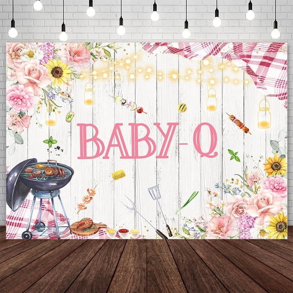 BBQ Baby Shower Backdrop for Girls Pink Baby-Q Photography Background Rustic Wood Floral Sunflowers Barbecue Baby Shower Party Decoration Supplies Banner