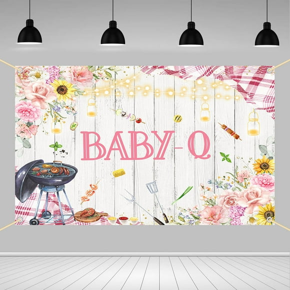BBQ Baby Shower Backdrop for Girls Pink Baby-Q Photography Background 70.8 x 43.3 inch