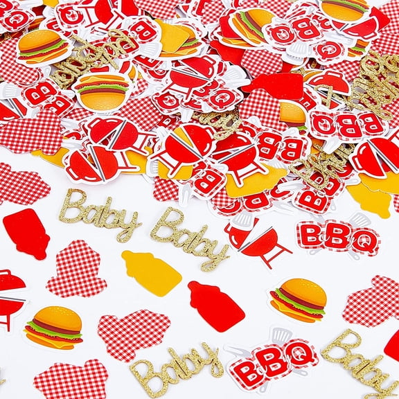BBQ Baby Shower Decorations 200 PCS Baby Q Confetti for Table Red Yellow Summer BBQ Table Decorations Confetti with Hamburger Barbecue Party Decoration Supply for Pregnancy Celebration Gender Reveal