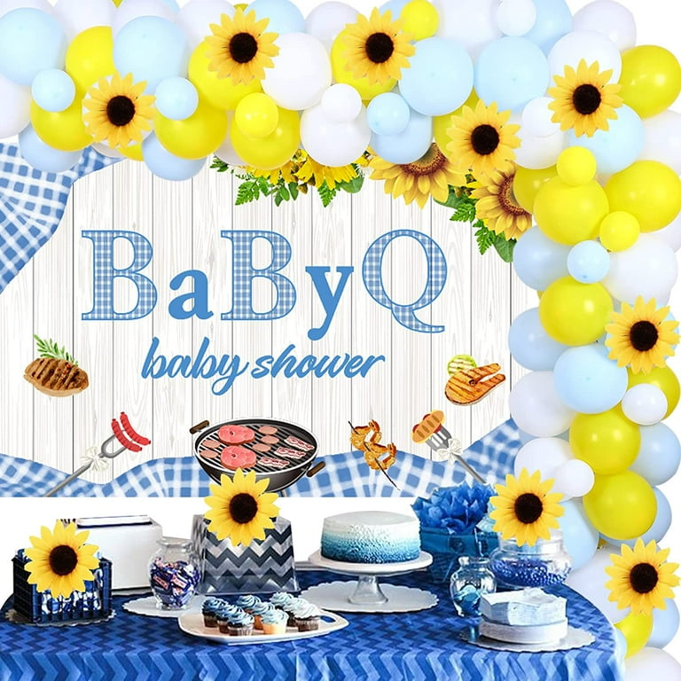 BBQ Baby Shower Decorations for Boys Baby Q Party Decorations with Blue and Yellow Baby Shower Balloon Garland Kit Backdrop Simulation Sunflower for