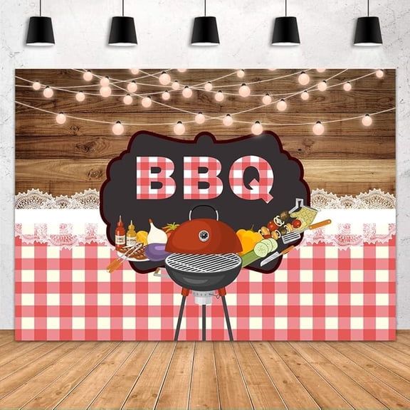 BBQ Backdrop Brown Wooden Board String Lights Lace Barbecue in The Wild Photography Background for Groovy Party Decorations Banner Supplies Photo Booth Props