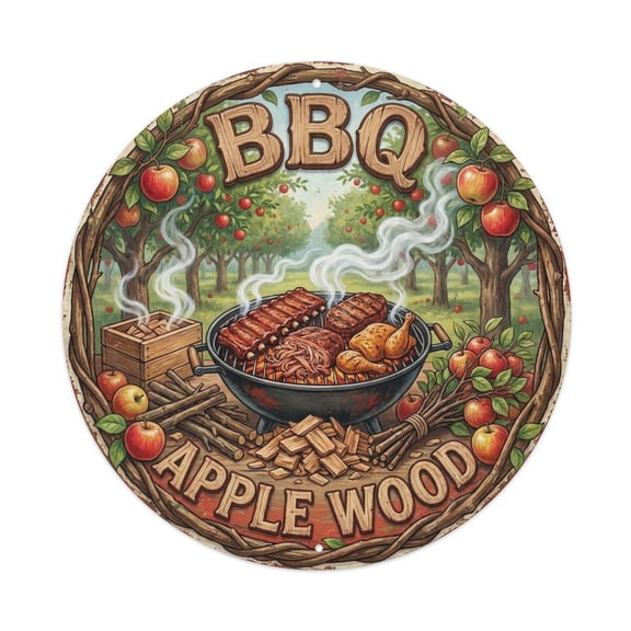 BBQ Barbecue Apple Wood Vintage Metal Tin Sign Plaque Wall Decor for Cafe, Club, Garden Round Metal Poster 8x8Inch