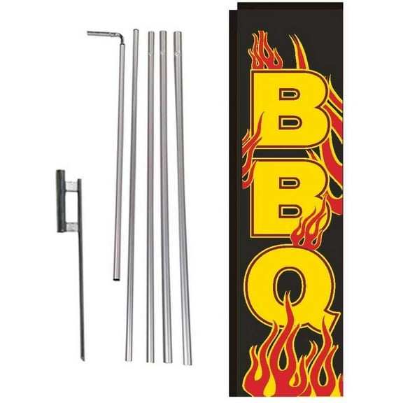 BBQ Barbecue Flames Rectangle Feather Banner Flag with Pole Kit and Ground Spike for Restaurants, Markets, Business Owners