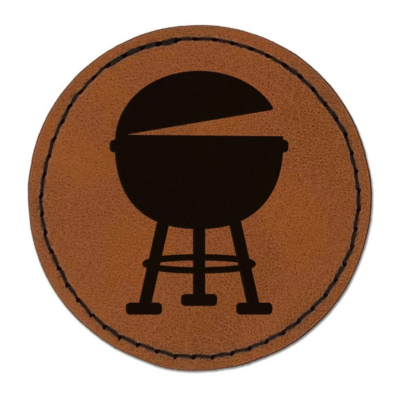 BBQ Barbecue Grill 2.5" Faux Leather Round Engraved Iron-On Patch - Brown
