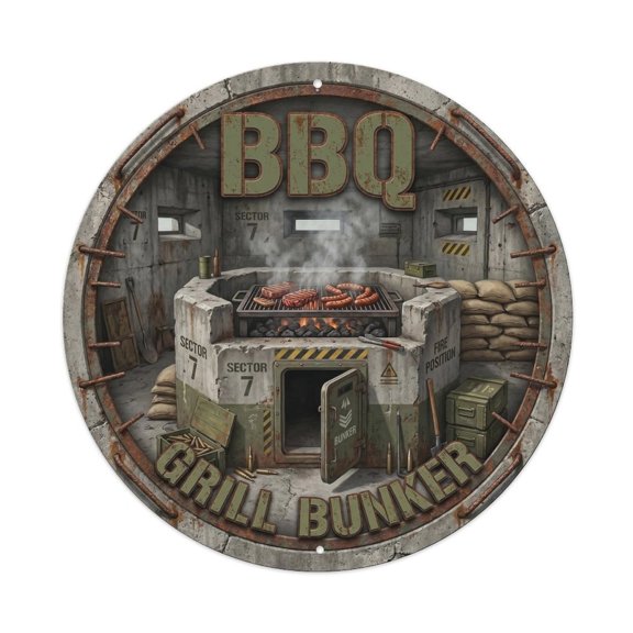 BBQ Barbecue Grill Bunker Vintage Metal Tin Sign Plaque Wall Decor for Cafe, Club, Garden Round Metal Poster 8x8Inch