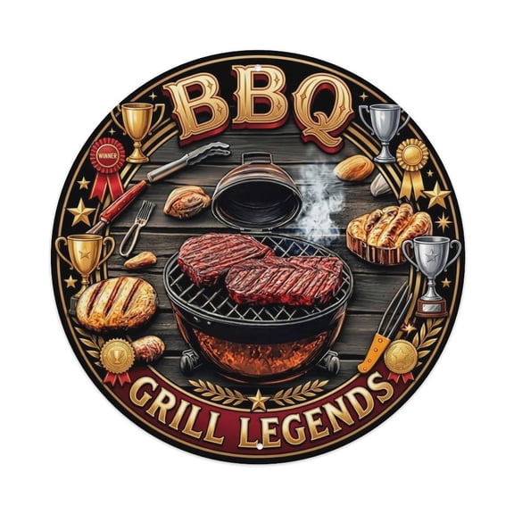 BBQ Barbecue Grill Legends Vintage Metal Tin Sign Plaque Wall Decor for Cafe, Club, Garden Round Metal Poster 8x8Inch