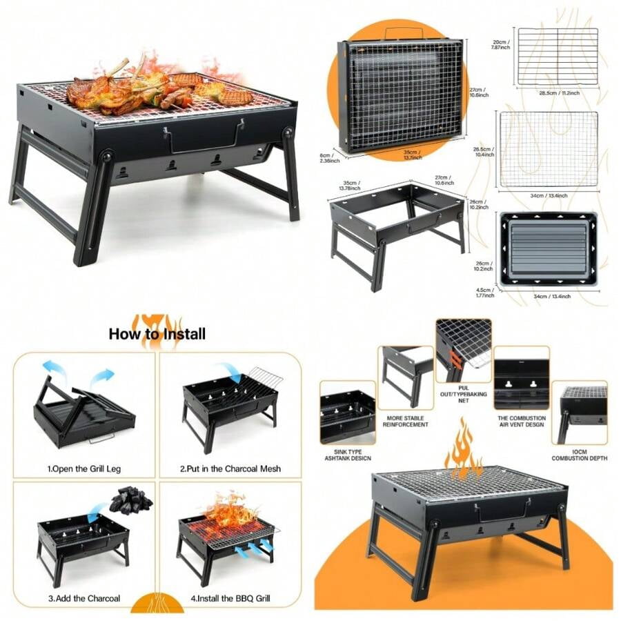 BBQ Barbecue Grill, Portable Folding Charcoal Barbecue Desk Tabletop Outdoor Stainless Steel Smoker BBQ For Picnic Garden Terrace Camping Travel