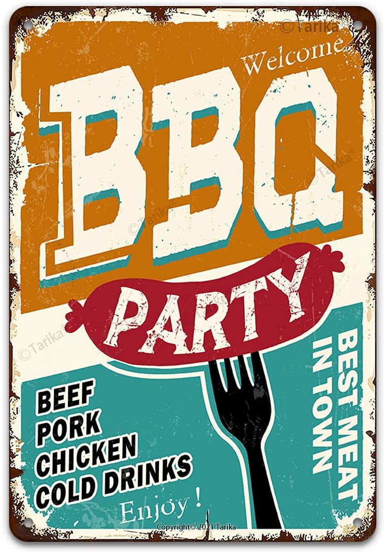 BBQ Barbecue Tin Signs, BBQ Party Beef Pork Chicken Cold Drink Vintage ...