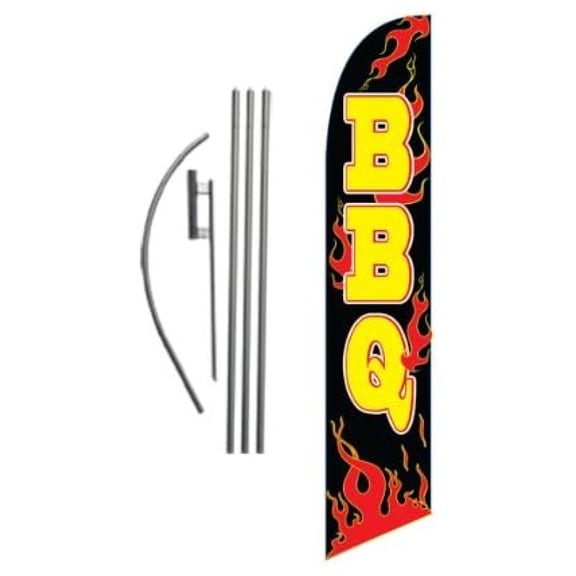 BBQ Barbeque Swooper Flag Kit - 12ft x 2.5ft Advertising Banner with Pole & Stake - Restaurant Promotion - Grand Opening - Attention Grabber
