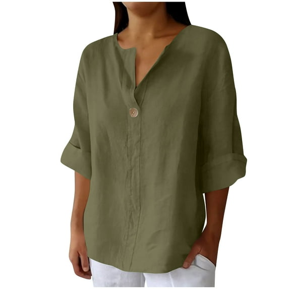 Linen Tops for Women Summer V Neck 3/4 Length Sleeve Retro Tops with Button Roll-Up Sleeve Casual Loose Fit Blouses