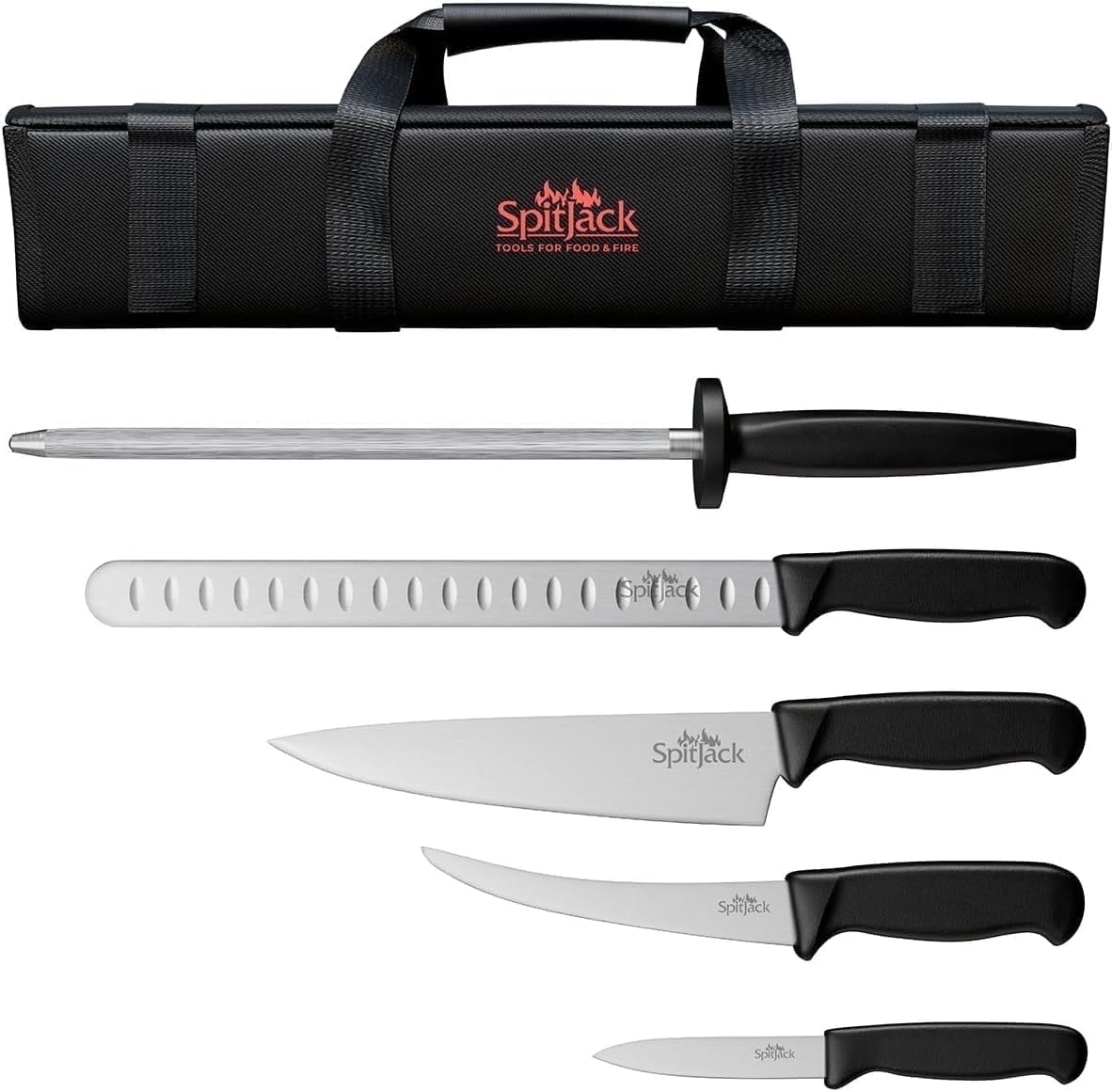 SPITJACK BBQ Butcher Knife Set – Brisket Trimming & Meat Slicing Kit with 8" Chef Knife, 3.5" Paring Knife, 10" Sharpening Steel & Storage Case