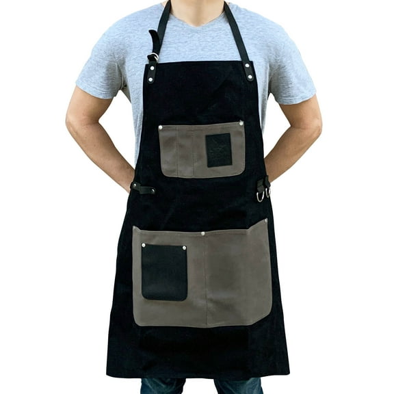 BBQ Butler Grilling Apron - Premium Waxed Canvas Apron - Deluxe Leather - Black & Grey