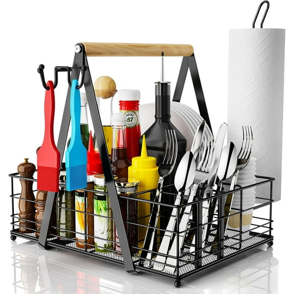 BBQ Caddy, Outdoor BBQ Caddy with Tissue Rack, Outdoor Kitchen Picnic Equipment, RV, Terrace, Tailgate, Camping Essentials, Men's BBQ Gift, BBQ Tool Set