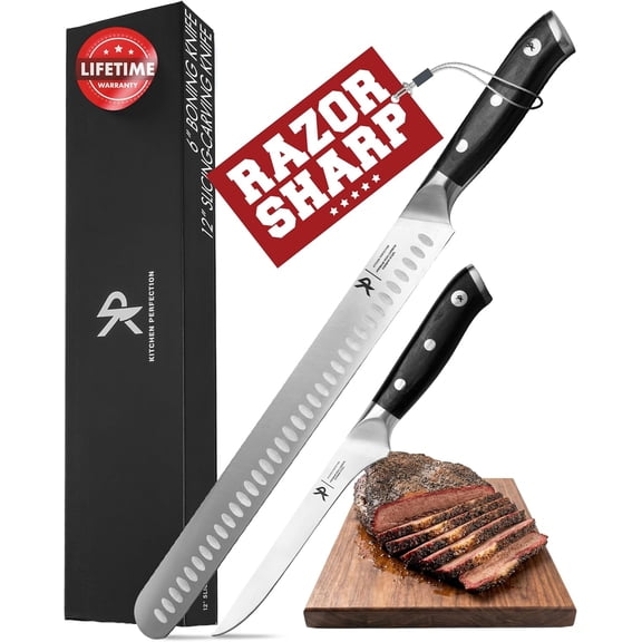 BBQ Carving Set for Meat -12 Brisket Slicing Knife +6 Boning with Sheaths - Razor Sharp, Premium rman Steel, Full Tang Ergonomic Handles- Perfect Grilling Gifts Men