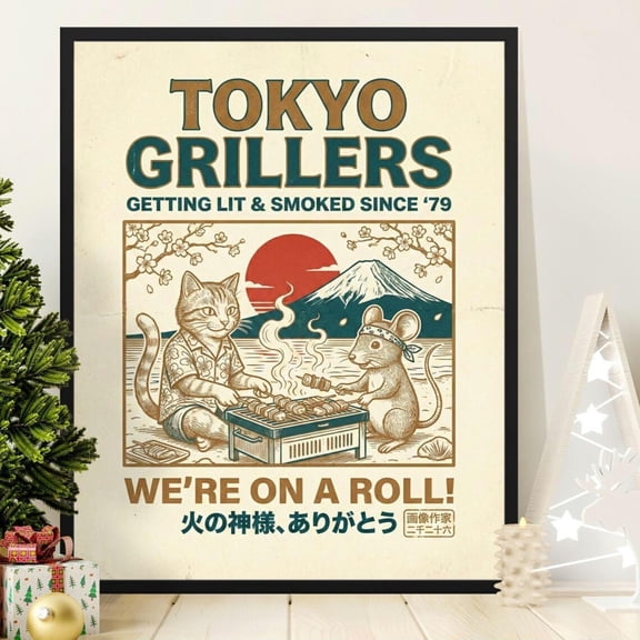 BBQ Cat Poster Japanese Grill Kitchen Wall Art Food Decor, Unframed Paper Poster 8x10in