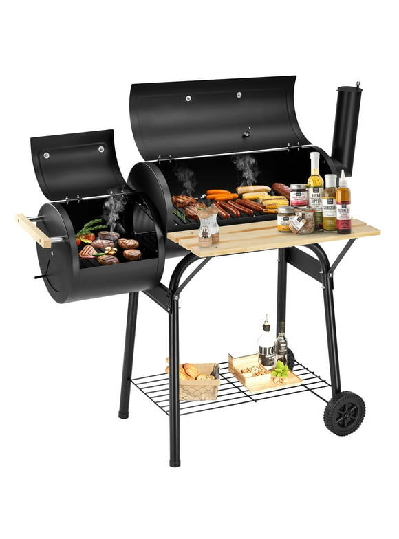 BBQ Charcoal Grill, 45.28-Inch Length Portable Barbecue Grill, Offset Smoker Barbecue Oven with Wheels & Thermometer for Outdoor Picnic Camping Patio Backyard, B026