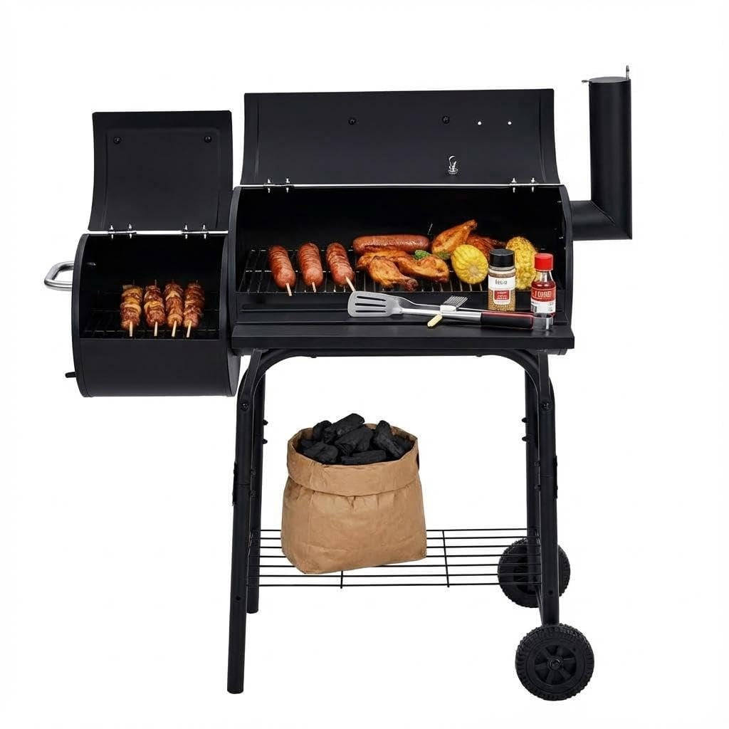 BBQ Charcoal Grill, Outdoor Barrel Grills with Offset Smoker, Patio ...