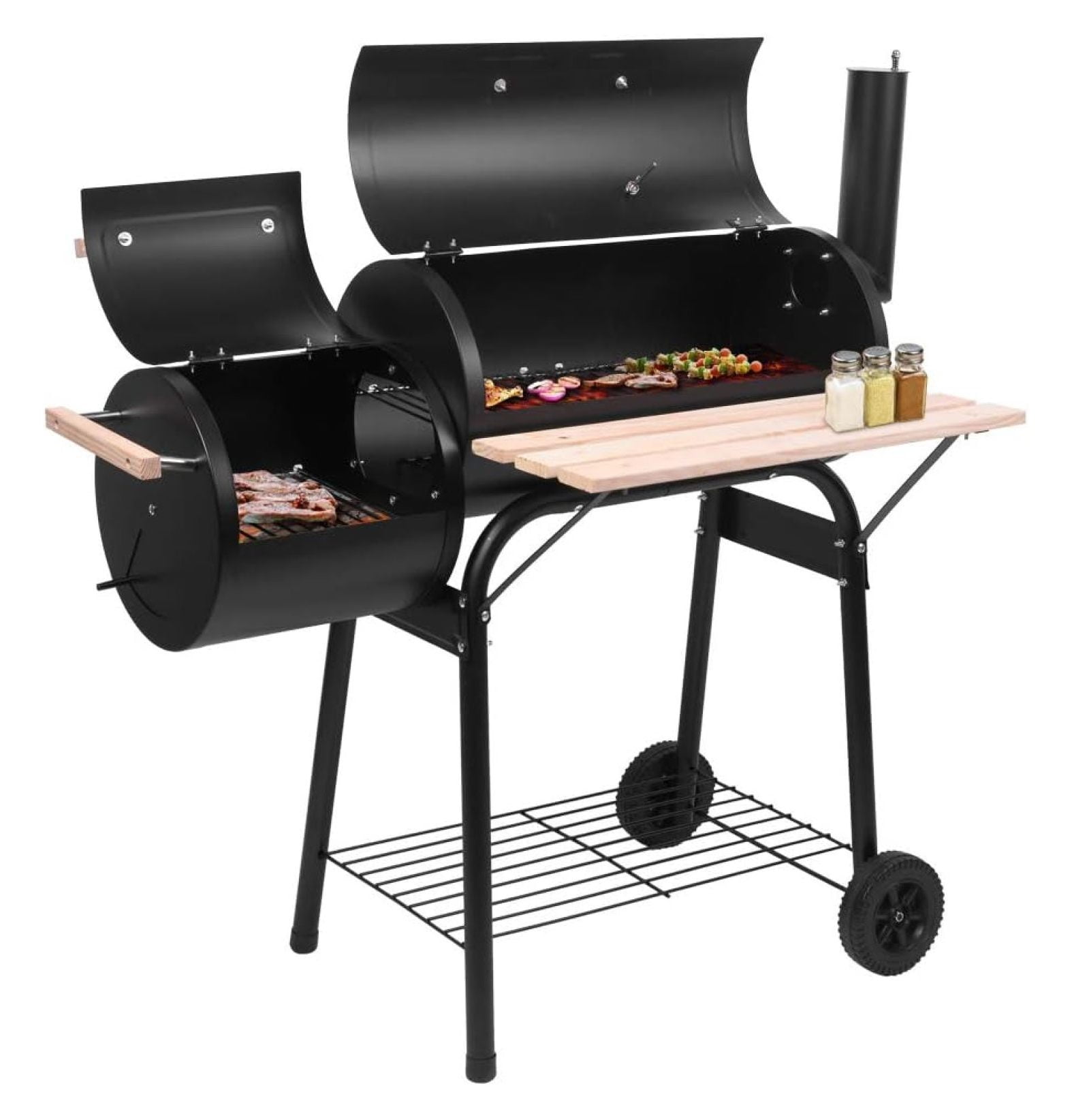 44 Inch Black Steel Charcoal Grill with Offset Smoker