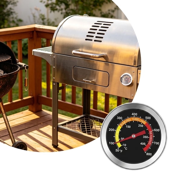 BBQ Charcoal Grill Smoker Temperature Gauge, Pit Barbecue Thermometer Fahrenheit and Heat Indicator for Meat Cooking Pork Lamb Beef, Stainless Steel Temp Gauge Grills and Outdoor Cooking