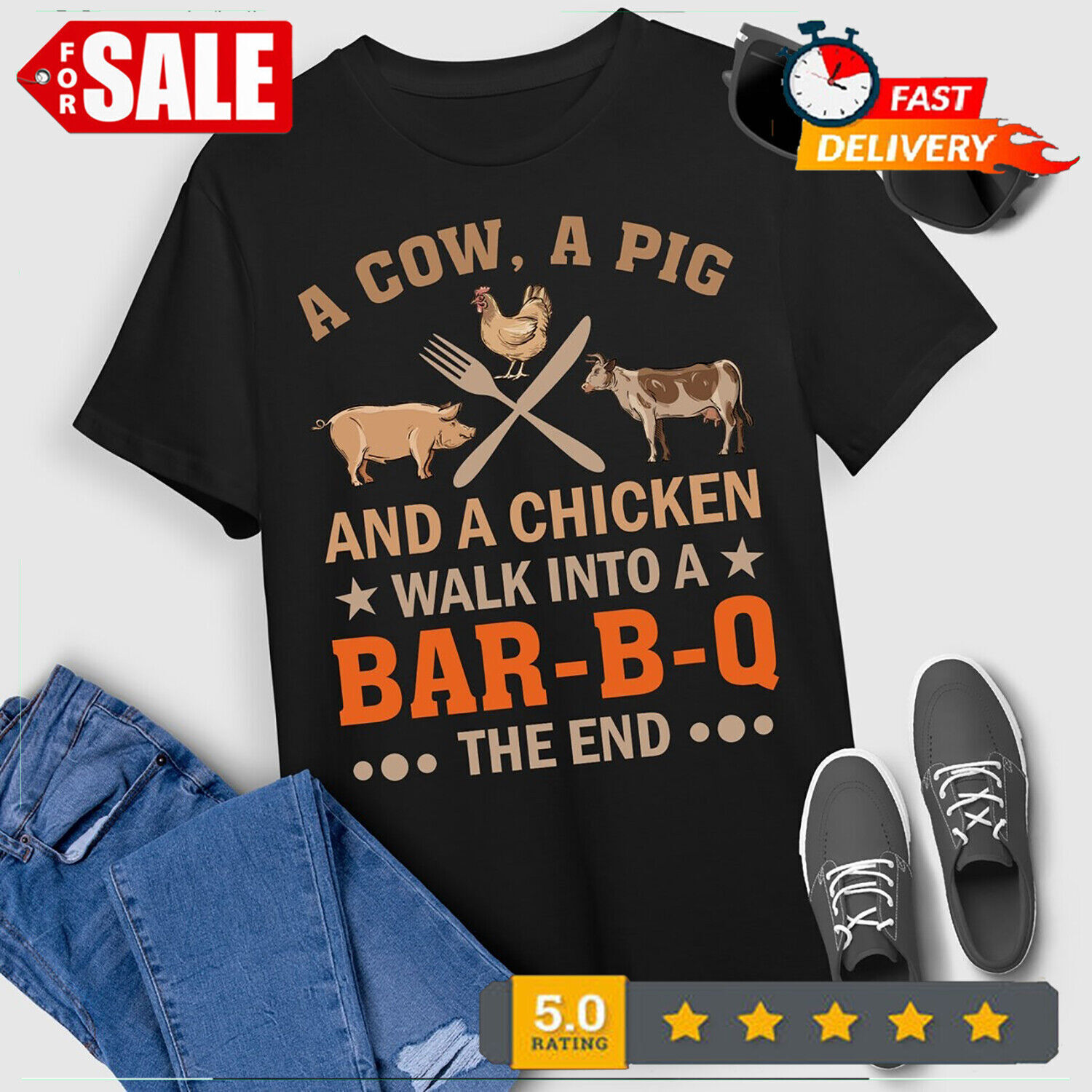 BBQ Chef TShirt A Cow, A Pig And A Chicken Walk Into A BarBQ The End