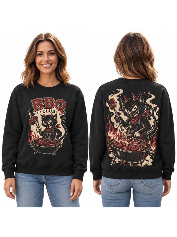 BBQ Club Devil Cat and Flames Crewneck Sweatshirt, Cotton-Poly Fleece, 271 GSM, Unisex Classic Fit, Front and Back