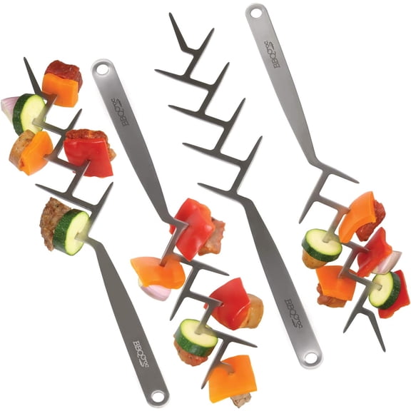 BBQ Croc ZIG ZAG Skewers Set of 4 Brushed Stainless Steel 15 Kabob Brochettes for Barbecue and Oven, Reusable Flat Branch Style