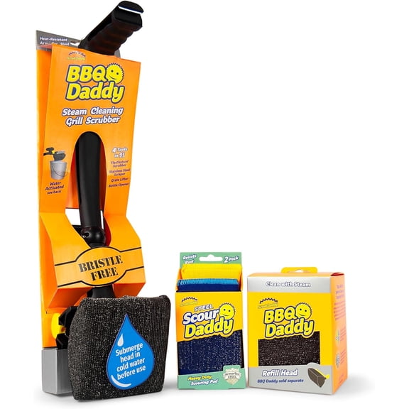 BBQ Daddy Grill Cleaner Kit - Bristle Free Grill Brush with Refill + 2 Steel Scour Daddy Grill Sponges - Built-in Grill Scraper - Temperature Controlled Grill Cleaning Tools (4 Count)