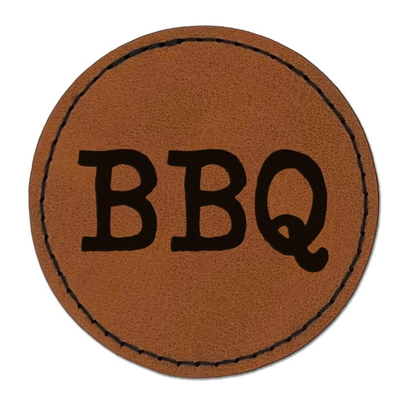 BBQ Fun Text 2.5" Faux Leather Round Engraved Iron-On Patch - Brown