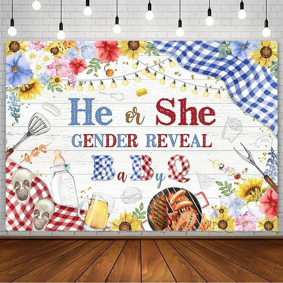 BBQ Gender Reveal Backdrop He or She Boy or Girl Baby Shower Newborn Barbecue Theme Party Decoration Supplies Country Rustic Sunflowers Beer Feeding Bottle Background Photo Booth Props