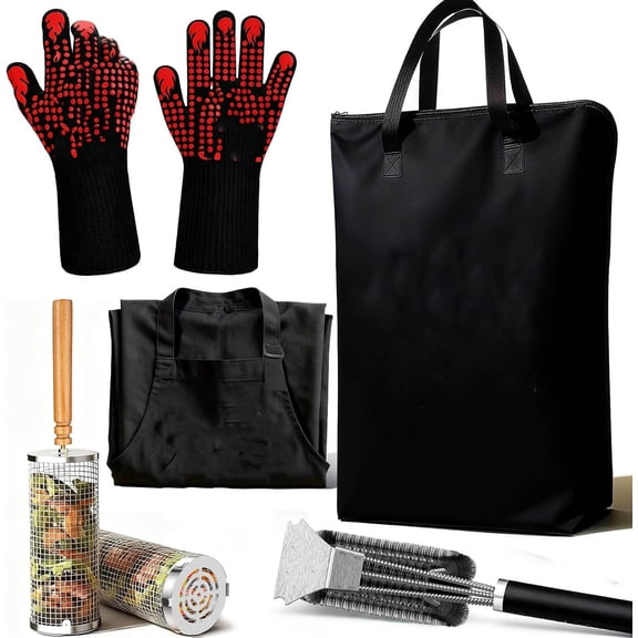 BBQ Gifts for Men - 5PCS Grilling Gift Set with BBQ Blanket for Resting Meat, Apron, Heat Resistant Gloves, Grill Basket & Brush, Funny Fathers Day, Christmas & Birthday Gift for Dad, Husband