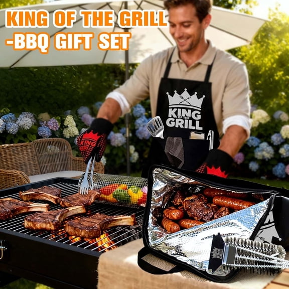 BBQ Gifts for Men - 5PCS Grilling Gift Set with BBQ Blanket for Resting Meat, Apron, Heat Resistant Gloves, Grill Basket & Brush