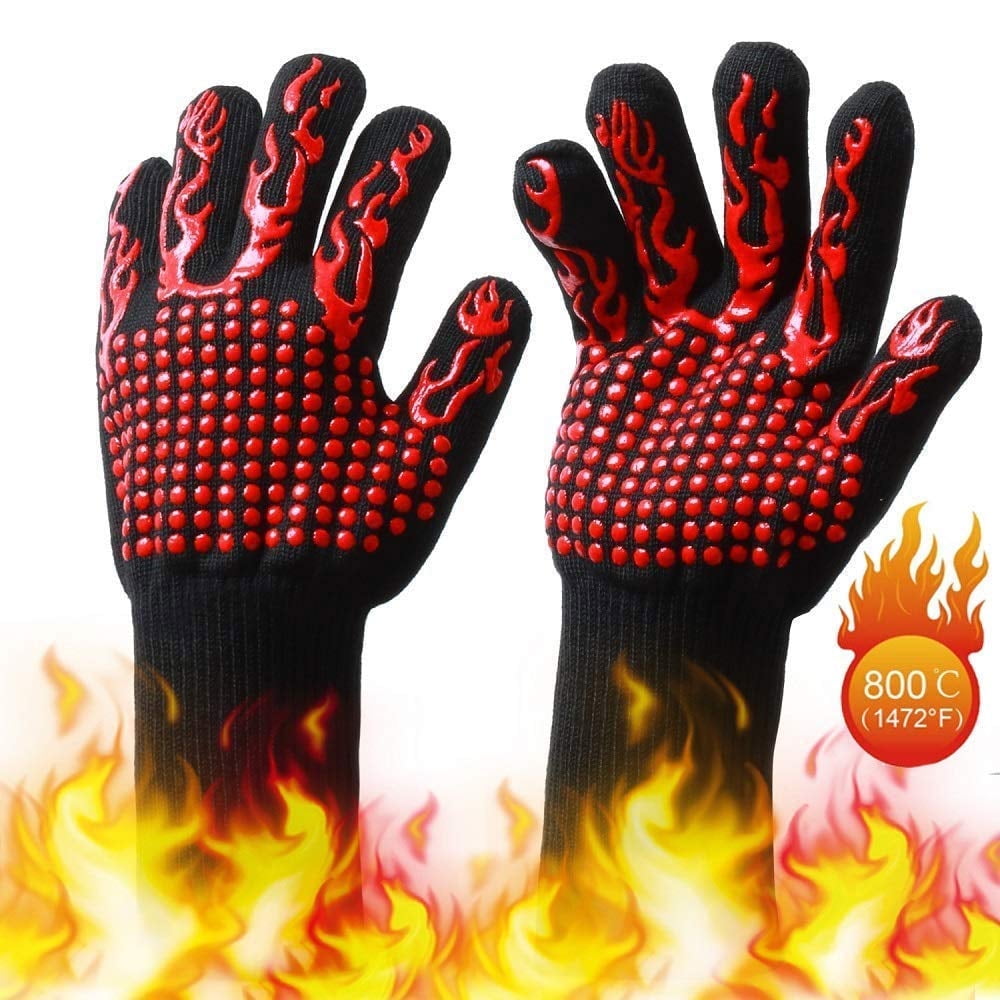 TiokMc BBQ Gloves 1472 Heat Resistant Grill Gloves, Food Grade Oven Mitts with Non-Slip Silicone, Long Sleeve Cooking Gloves for Grilling, Baking, Welding, Cutt