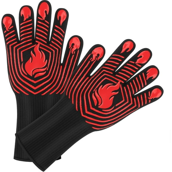BBQ Gloves, 1472F Heat Resistant Gloves Fireproof MittsGrilling Gloves Silicone Non-Slip Washable Oven Gloves, Kitchen Gloves for Barbecue, Grilling, Cooking, Baking, Camping, Smoker (Red)