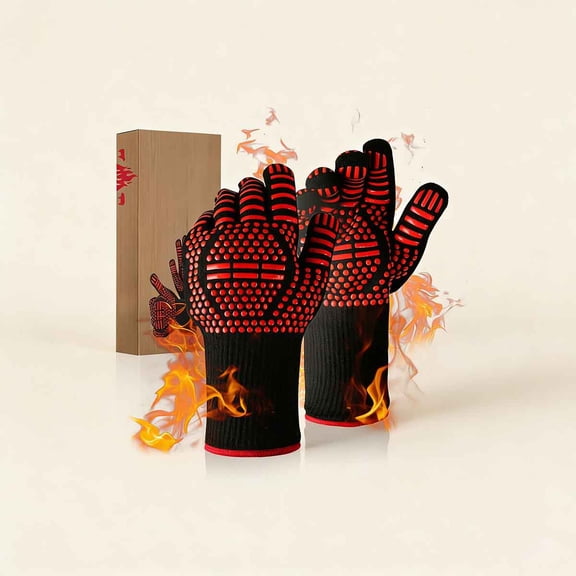 BBQ Gloves Heat and Flame Resistant - Oven and Grill Gloves, Extended Wrist for Outdoor Cooking, Grilling, Barbeque and Campfire (Red)
