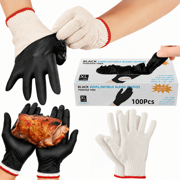 ChrumpTon BBQ Gloves for Grilling,Disposable Heat Resistant,for Barbecue Smoker,Cooking Hot Meat,Non-Slip Grip - Black Large