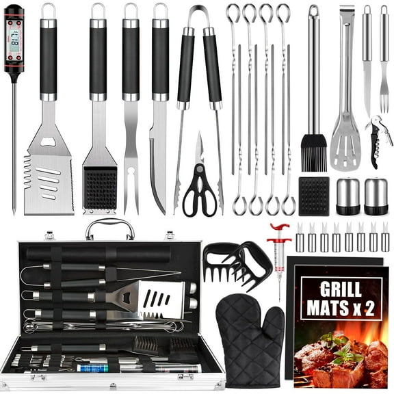 BBQ Grill Accessories Set, 38Pcs Stainless Steel Grill Tools Grilling Accessories with Aluminum Case, Thermometer, Grill Mats for Camping/Backyard Barbecue, Grill Set for Men Women