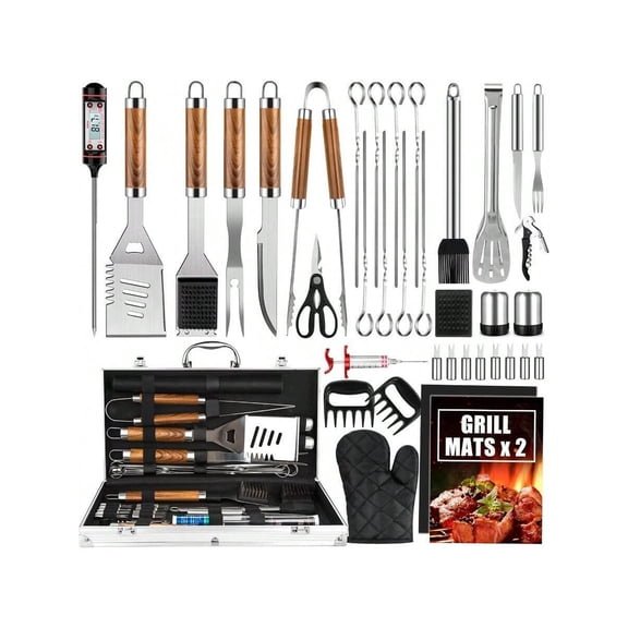 BBQ Grill Accessories Set 38Pcs Stainless Steel Grill Tools Grilling Accessories With Aluminum Case Thermometer Grill Mats For Camping Backyard Barbecue Grill Set For Men Women