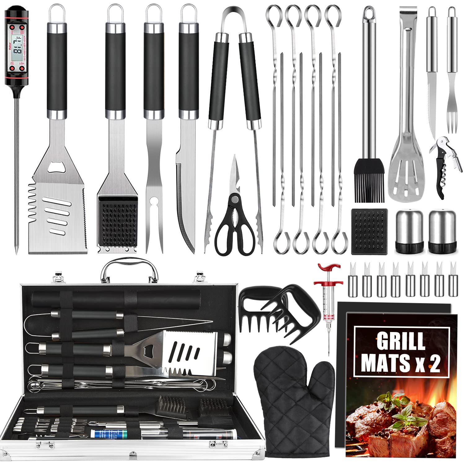 BBQ Grill Accessories Set, 38Pcs Stainless Steel Grill Tools Grilling Accessories with Aluminum Case, Thermometer, Grill Mats for Camping/Backyard Barbecue, Grill Utensils Set for Men Women - image 1 of 7