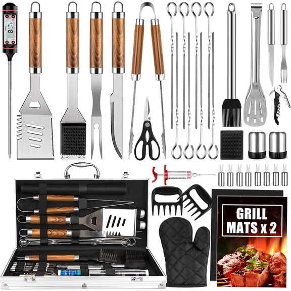 BBQ Grill Accessories Set, 38Pcs Stainless Steel Tools Grilling with Aluminum Case, Thermometer, Mats for Camping/Backyard Barbecue, Set Men Women
