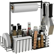 BBQ Grill Caddy with Paper Towel Holder Camper Accessories Condiment Caddy,Plates, Cutlery Caddy BBQ Organizer for Camping, Kitchen, Party