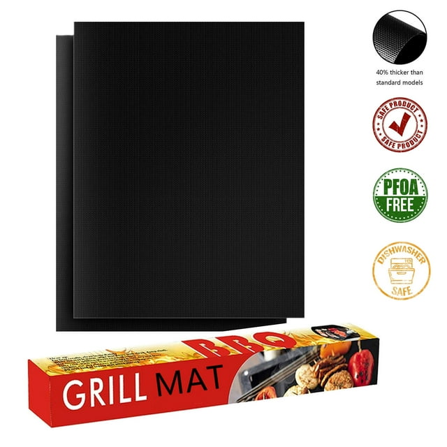 BBQ Grill Mat Non Stick - Set of 2 Heavy Duty Reusable and Dishwasher Safe Black Fireproof Topper Pads - Easy Clean and Easy Use on Gas Charcoal Electric Grills, 15.75 x 13-Inch