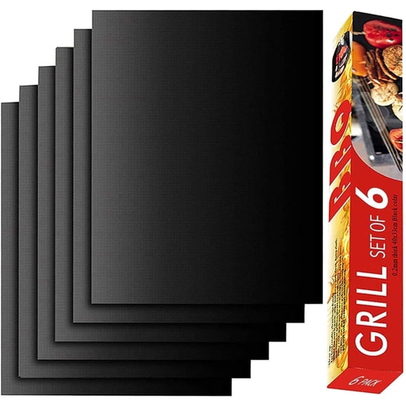 BBQ Grill Mat Set,100% Non-Stick &Baking Mats, Resuable and Easy to Clean, Works on Gas Charcoal and Electric BBQ 6 Pcs (Black)