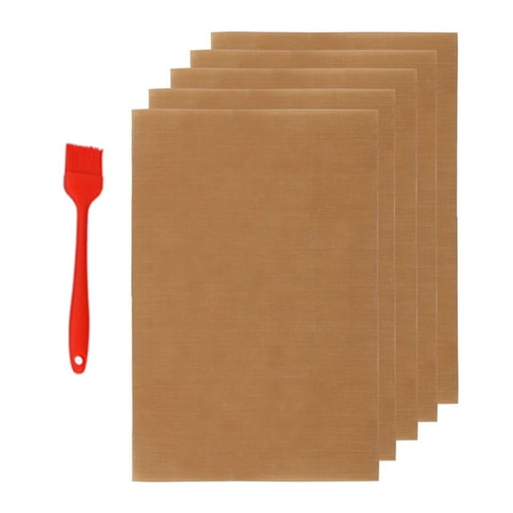 BBQ Grill Mats Set of 5 Non-Stick Reusable Cooking Sheets for Outdoor Grilling Baking with Oil Brush, Copper 15.75 x 11.81 Inch