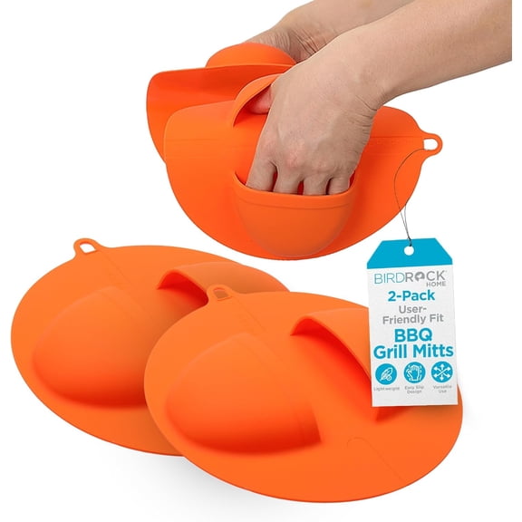 BBQ Grill Mitts - Heat Resistant Silicone Grill Gloves for Outdoor Cooking, Smoking, Barbecue, and Food Handling | Heavy Duty Heat Proof Mitts for High Temp Grilling - Orange, Pack of 2