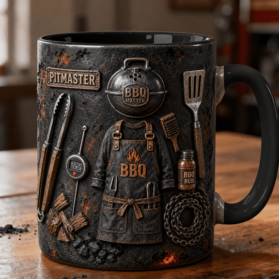 BBQ Grill Mug 3D Effect Pitmaster Coffee Cup with Charcoal Smoked Look Gift